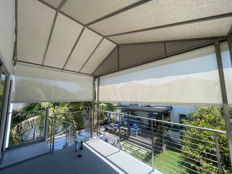 Showcases 3 One Hip Roof Canopy with Motorized Exterior Solar Shade | Santa Monica, CA | Van Nuys Awning | Santa Monica
