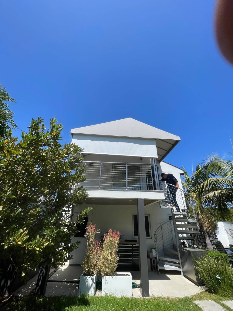 One Hip Roof Canopy with Motorized Exterior Solar Shade | Santa Monica, CA | Van Nuys Awning | Santa Monica