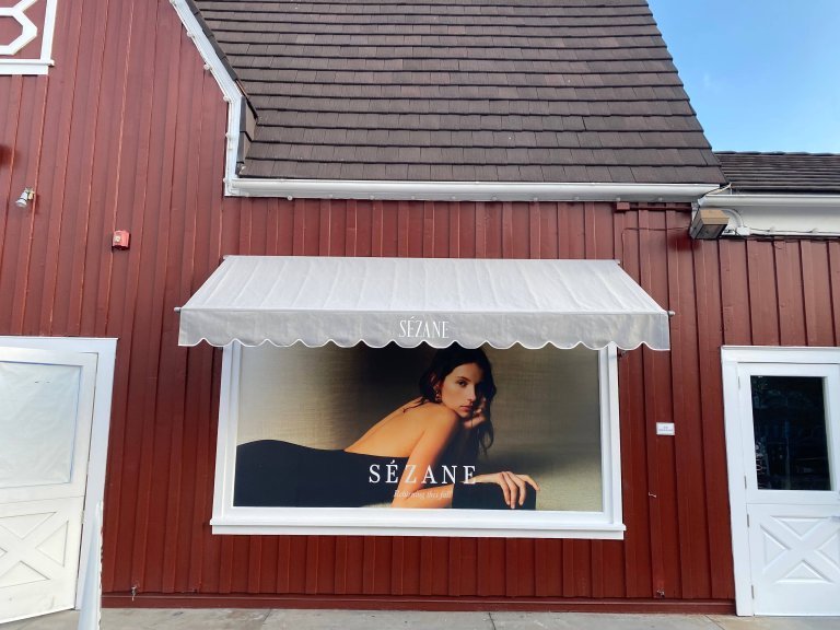 Pipe Frame Awning with Graphics at Brentwood Country Mart | Santa Monica, CA | Van Nuys Awning | Santa Monica